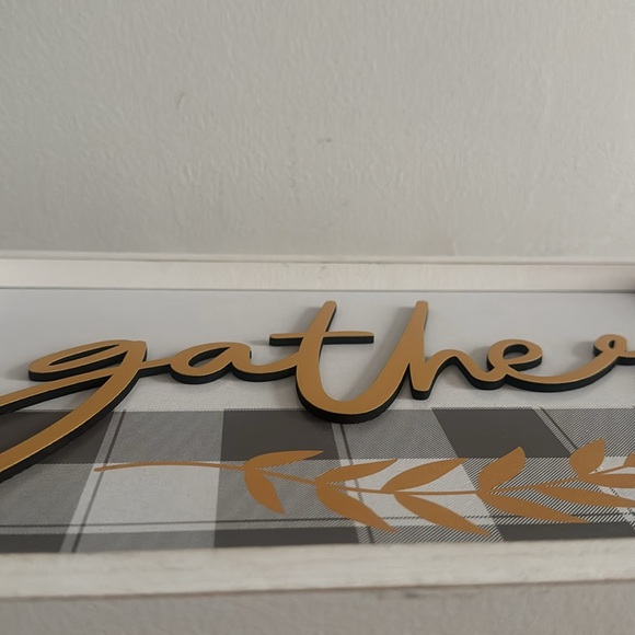 NEW Framed “Gather” Home Decor Wall Sign Plaid & Gold Wooden Fall Style Accent - Picture 4 of 5